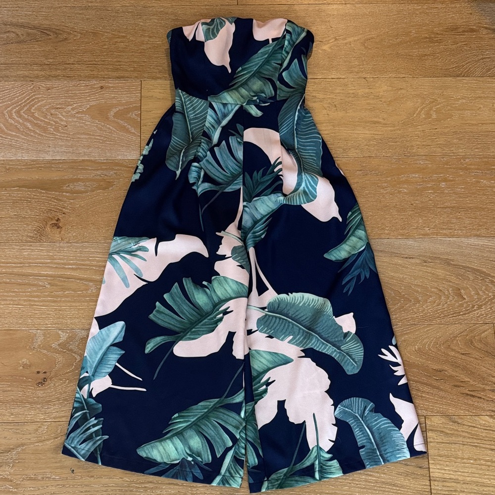Lulu's Navy and Green Leaf Print Jumpsuit